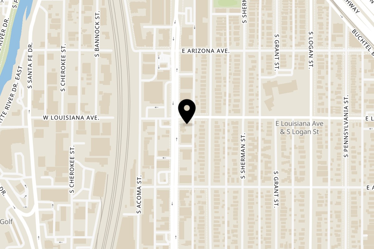 Map showing the location of Tikka & Grill, Nepali and Indian Food on 1300 S Broadway in Denver